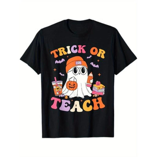 Trick Or Teach Groovy Teacher Halloween Retro Floral Ghost T-Shirt for Men Women, Unsex Soft Fabric, Breathable, Comfortable Short Sleeve Tees Perfect for Summer, Birthday Gift to Men Women made in usa