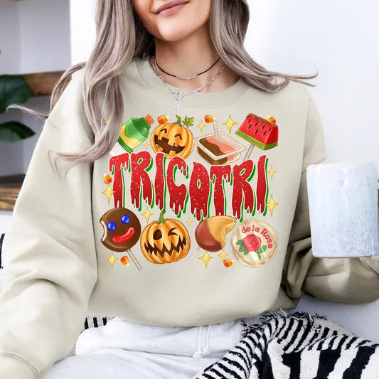 Tricotri with Candies T-shirt, Western Happy Halloween Costume, Latino halloween Sweatshirt, Comadre Crew Hoodie, Mexican Fabric Knit