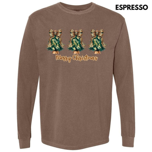 Triple Cheetah Bow Christmas Trees Long Sleeve Comfort Colors T-Shirt 'NLB'
