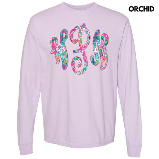 Tropical Monogram Long Sleeve Comfort Colors T-Shirt 'NLB'