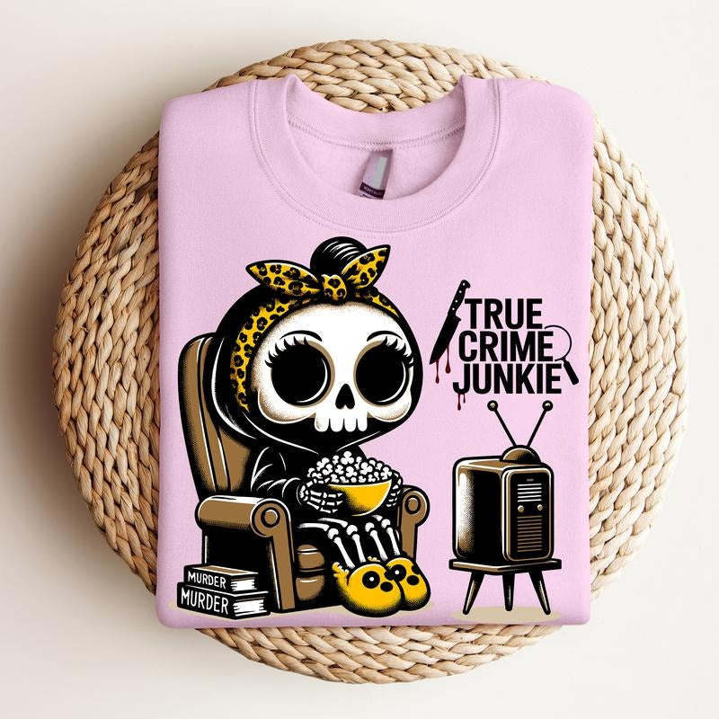 True Crime Junkie - Crewneck Sweatshirt, True Crime Junkie, Horror Lover, Funny Tee, Bright Graphic, Funny Apparel, Gift Idea, Relaxed Fit, Casual Apparel, Cute Top, Great with Jeans, All Seasons, Fun Style, Comfortable Shirt