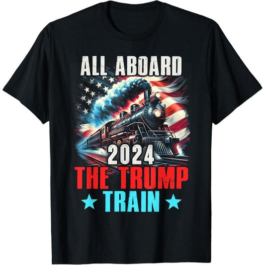 Trump 2024 All Aboard The Trump Train US American Flag T-Shirt made in usa