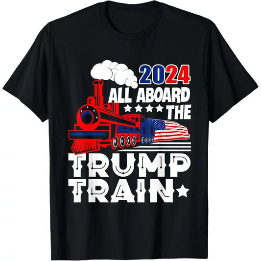 Trump 2024 All Aboard The Trump Train USA American Flag T-Shirt made in usa