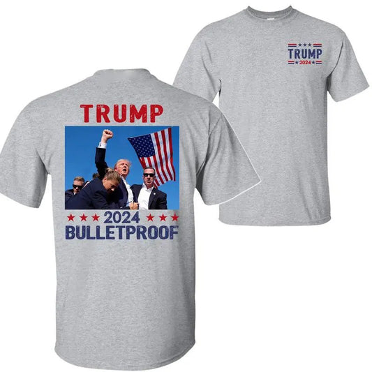 Trump 2024 Bulletproof Shirt, Praying for President Trump Shirt, Bloodied Trump Fist Pumps, Trump Shirts 2024, Double Sided Graphic Printed Unisex Classic Comfort Cotton T-Shirts in all Sizes all Colors for Men