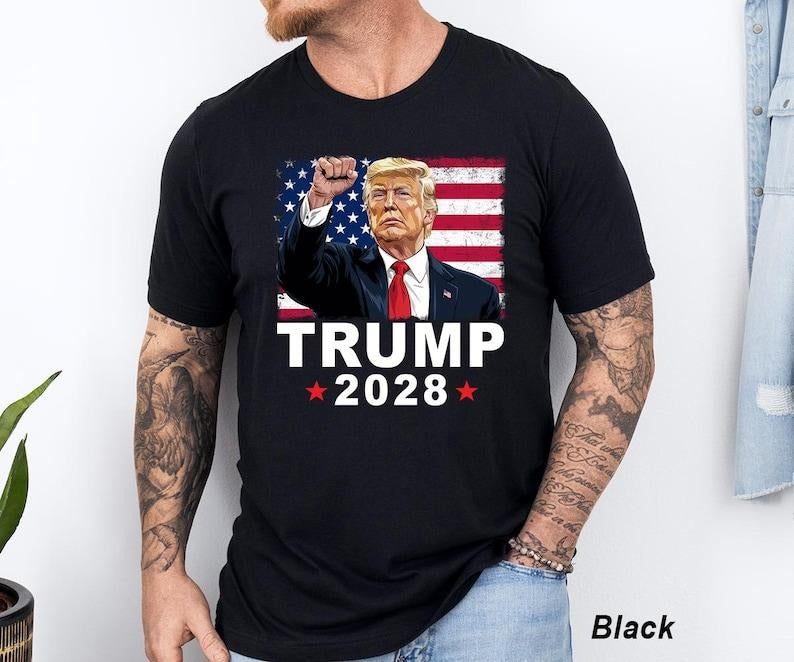 Trump 2028 T-Shirt , Unisex Jersey Tee, Re-Elect Trump 2028 T-Shirt, American Flag Gifts, Red Hot Politics Shirt, Political Tee, For Men, For Women