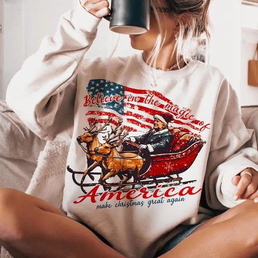 Trump Believe in the Magic of American Sweatshirt, Humorous Trump Christmas T-Shirt, Trump Santa Claus Sweater, Trump Xmas Tee.