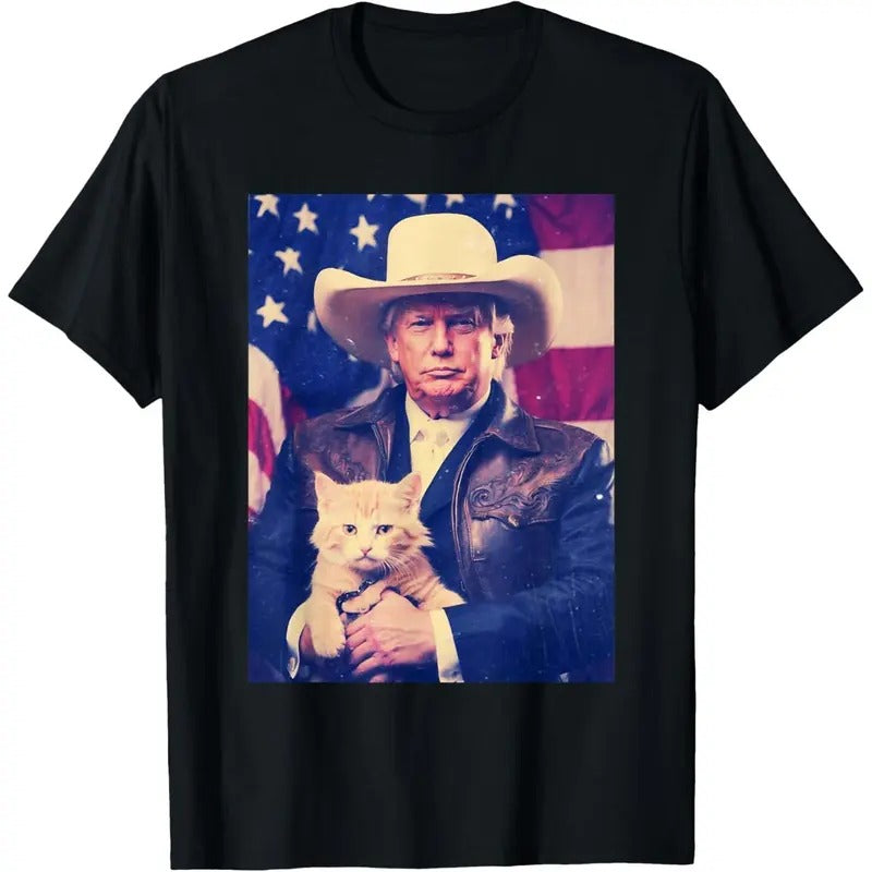 Trump Cat Shirt Funny Cowboy Donald Trump 2024 American Flag T-Shirt made in usa