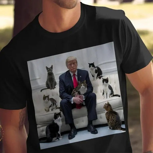Trump Funny Cat Lover T-Shirt, Cute Cats on Sofa With T.rump Shirt Unique Cat Dad T-Shirt, Unique Animal Lover Gift, US Election 2024 Apparel, shirt trend