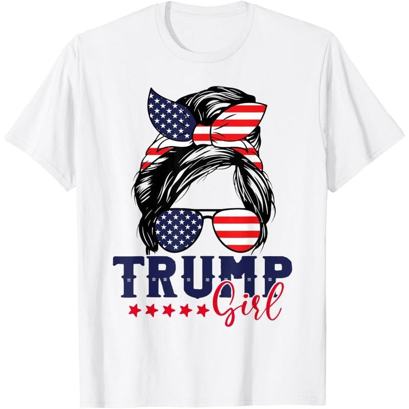 Trump Girl Messy Bun Trump 2024 Election American Flag T-Shirt made in usa