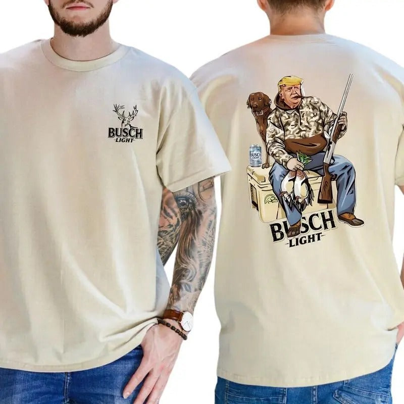 Trump Hunting T-Shirt, Hunter Trump Shirt With Busch Light Beer, Republican Shirt, Menswear Casual Top, Classic Daily, Shirt Short Cotton Crewneck Fabric Loose