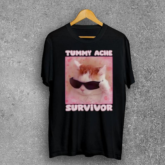 Tummy Ache Survivor Funny Cat Meme T-shirt, Gift for Woman Goofy Ahh Cats Tee Shirt, Trendy Summer Clothes Ironic, Silly Stupid Cat Tee
