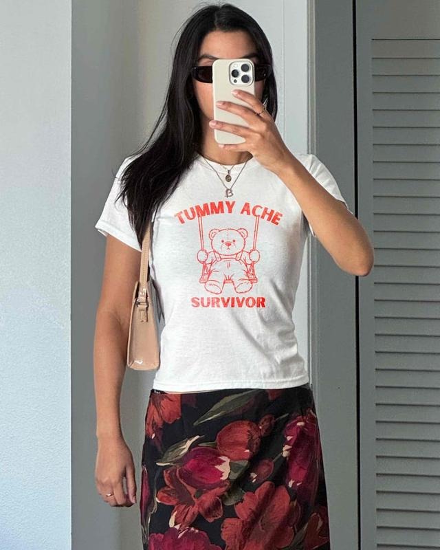 Tummy Ache Survivor Shirt, Funny IBS Graphic Tee, Kawaii Bear Crop Top, Cute Y2K Style Baby Tee, Chronic Illness Humor Gift for Her Womenswear