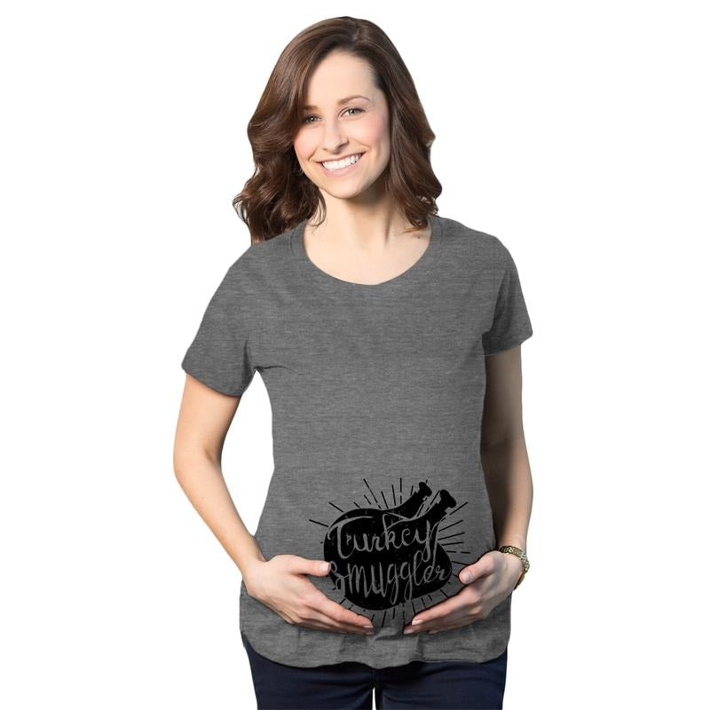 Turkey Smuggler T shirt Funny Thanksgiving Maternity Shirt Pregnancy New Baby Tee Funny Graphic Maternity Tee Cute Pregnancy Tees With Plus Sizes Thanksgiving Maternity Wear Funny Maternity Shirts Dark Grey