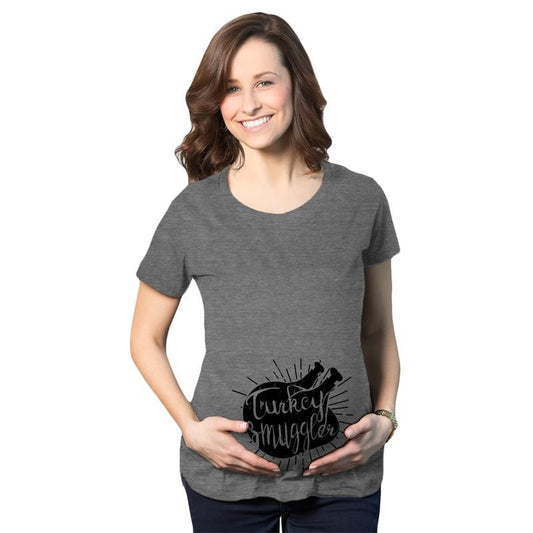 Turkey Smuggler T shirt Funny Thanksgiving Maternity Shirt Pregnancy New Baby Tee Funny Graphic Maternity Tee Cute Pregnancy Tees With Plus Sizes Thanksgiving Maternity Wear Funny Maternity Shirts Dark Grey