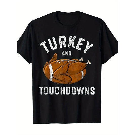 Turkey and Touchdowns Thanksgiving Football Family Matching Premium Print T-Shirt, Casual Crew Neck Short Sleeve Comfort Tee Top For Spring & Summer, Men's Clothing made in usa