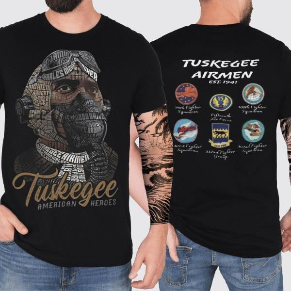 Tuskegee American Heroes 2 Sides T-shirt, Tuskegee Airmen Red Tails World War 2 Commemorative Tee Shirt, Men's Streetwear Tops with Graphic Design Casual