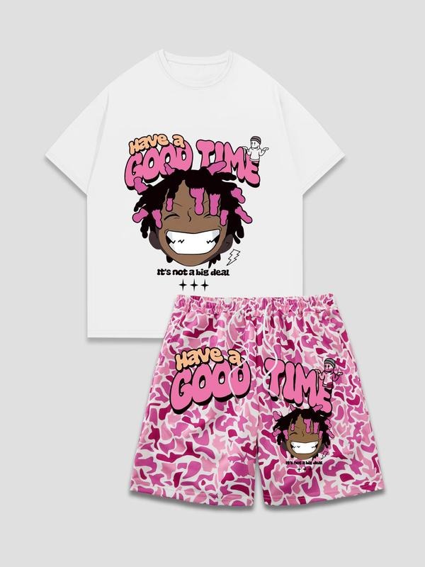 Two-Piece Set Men's Cartoon Graphic Print Short Sleeve Tee & Camo Print Shorts, Regular Fit Casual Fashion Cozy Round Neck Shortsleeve T-shirt & Shorts for Daily Outdoor Wear, Men Two-piece for Summer