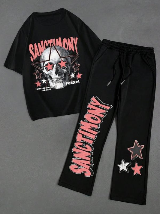 Two-Piece Set Men's Graphic Drop Shoulder Tee & Pocket Drawstring Straight Leg Sweatpants, Regular Fit Casual Fashion Cozy Round Neck Short Sleeve T-Shirt & Elastic Waist Trousers for Daily Wear, Men's Outfits for All Seasons