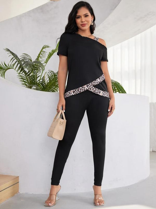 Two-piece Set Women's Leopard Print Drop Shoulder Wrap Tee & Skinny Pants Set, Breathable Asymmetrical Neck Short Sleeve T-shirt & Trousers, Vacation Outfits
