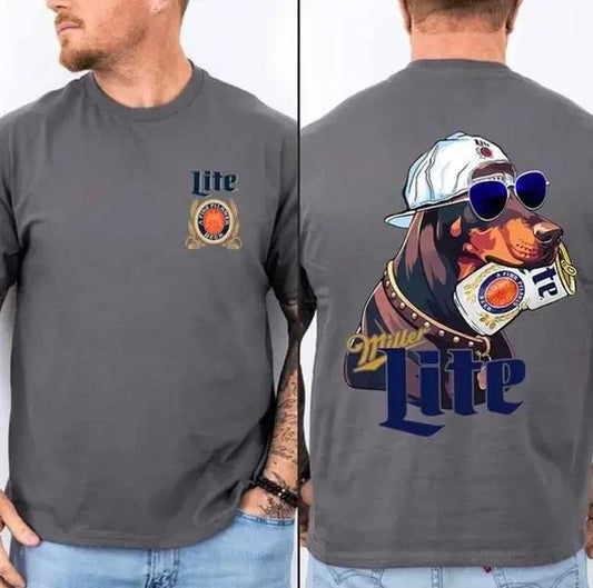 Two-sided Miller Lite Hunting Dog T-shirt, Funny Summer Graphic Tees, Trendy Outdoors Beer Lover Sweatshirt, Unisex Hoodies