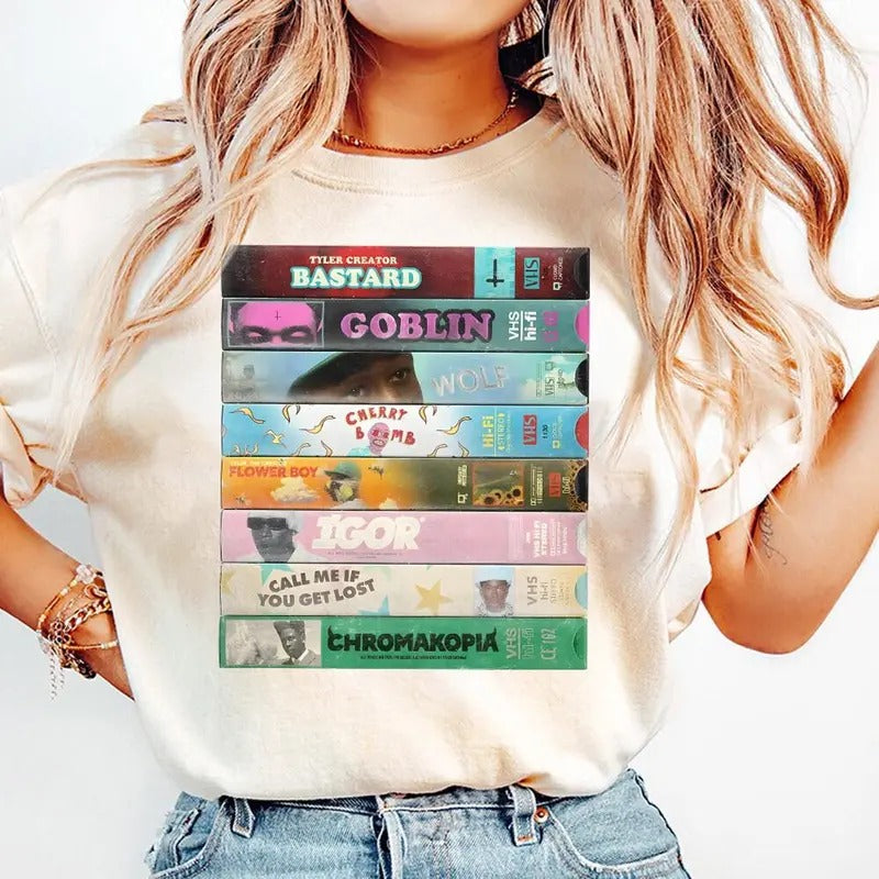 Tyler the Creator VHS Discography Shirt, Vintage 90s Hip Hop shirt,  Music Lover Gift,  Menswear Top, Womenswear Top Underwear Streetwear, Trendy Sweatshirt