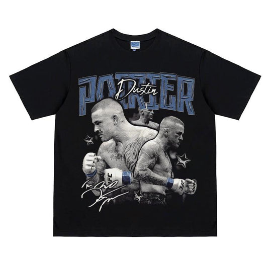 UFC "Dustin Poirier" Heavyweight Vintage Tee 100% Cotton OVERSIZED T-shirt Menswear Top Crew Necks Clothing For UFC Fans Casual Streetwear Black Crewneck Tshirt Gamis Tropical Shortsleeve