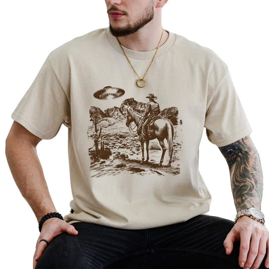 UFO Western Tee, Retro Cowboy Shirt, Vintage Cowboy Graphic Printed Shirt, Rodeo T-shirt, Wild West Tee, Retro Western Tee, Comfy Fabric Graphic Tee, Women's Top, Gift For Him, Soft Cotton Fabric Relaxed Fit Chic Style