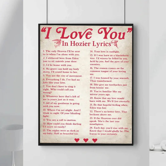 UNFRAMED Hoziierr I Love You In Hozier Lyrics Poster, Music Lover Print, Home Decor, Vintage Style Music Poster Gift