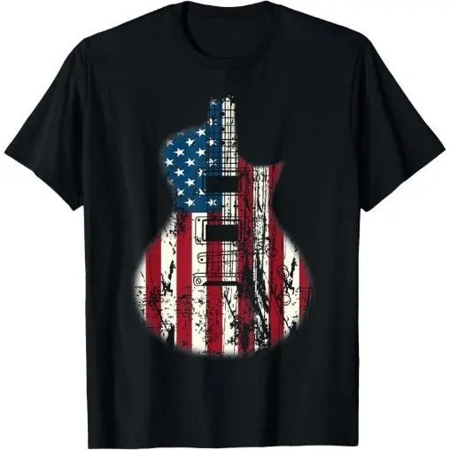 US American Flag Guitar Musician Distressed Guitars Vintage T-Shirt Made in USA