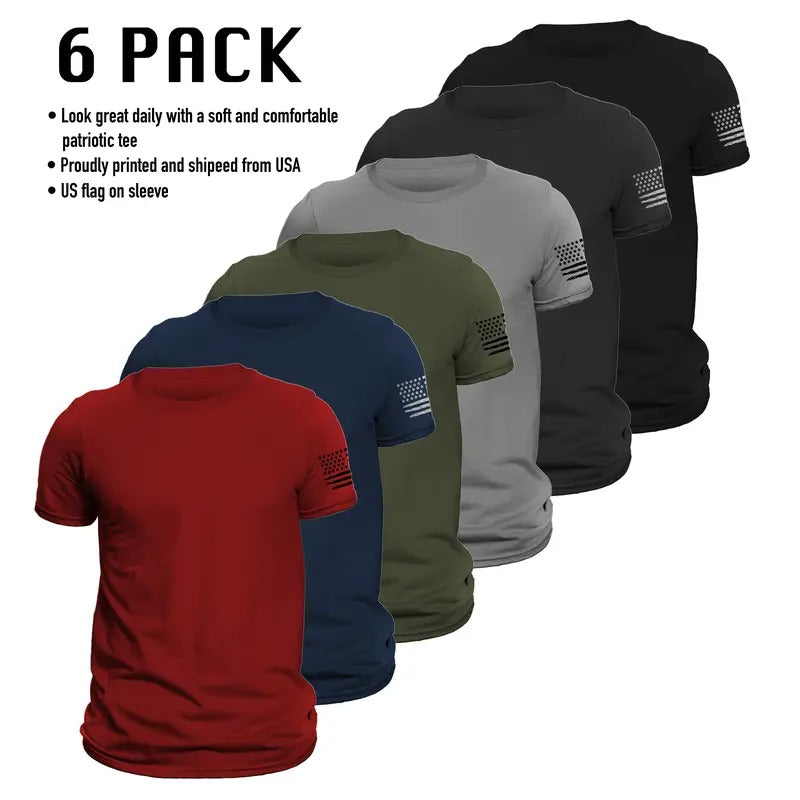 US Patriotic Flag on Sleeve T-Shirt 6 Pack Classic Crewneck Tee Soft Comfortable Everyday Wear Streetwear Top Menswear