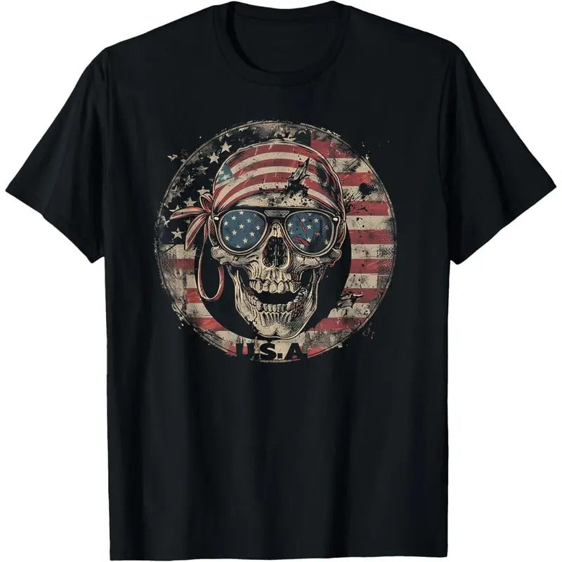 USA American Flag Skull Skeleton Vintage - 4th of July T-Shirt made in usa