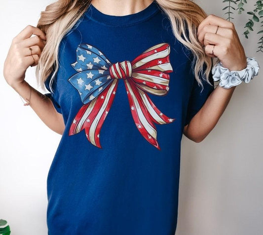 USA Bow Coquette Shirt, American Bow T-Shirt for July 4th, Women's USA Shirt Gift, Memorial Day Tee, Patriotic Coquette Shirt