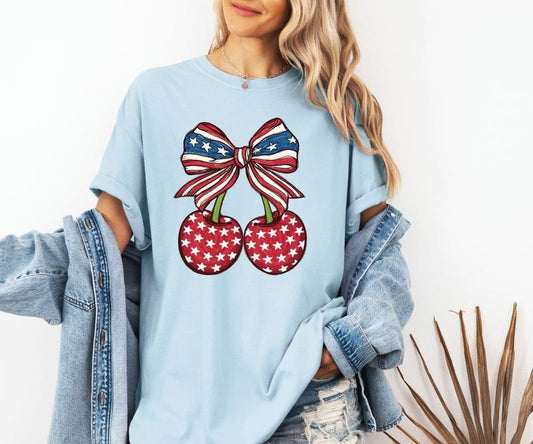 USA Cherries and Bow Comfort Colors tee Shirt Casual Vintage Breathable Top