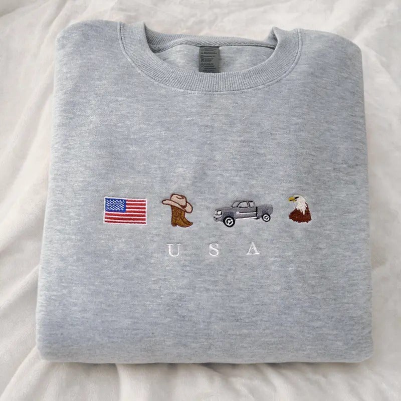 USA Embroidered Sweatshirt, Crewneck, Sweater, Cotton, United States of America, Black, Flag, Cowboy, Truck, Eagle, Cute Funny Sweatshirt, Fourth July, Patriot, American, Texas