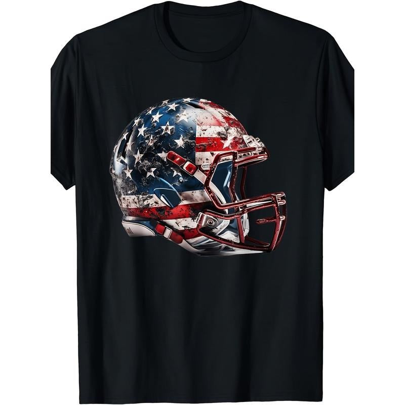 USA Flag Graphic Men's Short Sleeve T-Shirt- Comfortable, Breathable, Moisture-Wicking Fabric- American Football Helmet Design, Perfect for Soccer Fans, Casual Wear, Outdoor Activities made in usa