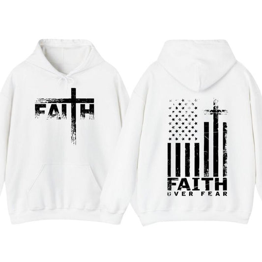 USA Flag Patriotic American Faith Over Fear Prayer 2 Side Pullover Hoodie, T-Shirt - Retro Flag Cross Hoodie, Jesus Shirt Trendy Apparel Bible Verse Gift  Vacation Outfits For Men For Women