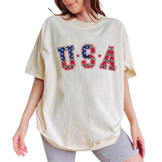 USA Leopard Tee, America Graphic Tee Women, 4th of July Printed Women Tops, Vintage Flag Shirt, Patriotic T-shirt, Comfy Oversized Graphic Tee, Gift For Independence Day, Tops For Women, Womenswear Cotton Fabric Comfort Chic Style