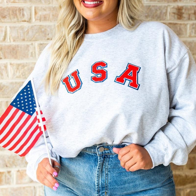 USA Letter Patch Patriotic Pullover Crew, Chenille Letter Patch