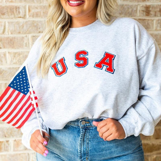 USA Letter Patch Patriotic Pullover Crew, Chenille Letter Patch