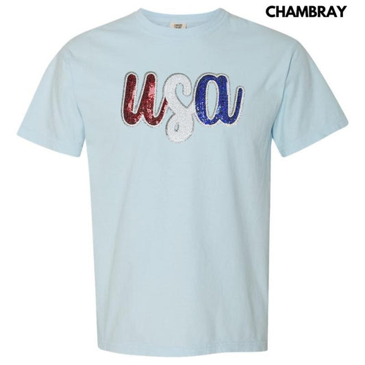 USA Red White & Blue Sequin Patch Comfort Colors T-Shirt