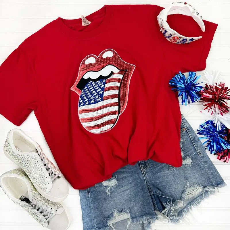 USA Sequin Lips Comfort Colors T-Shirt
