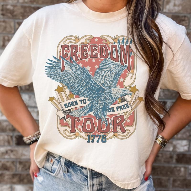 USA T-Shirt Freedom Tour USA Tee Independence USA Eagle Top Freedom Tour 1776 T-Shirt Womens Patriotic Top Vintage Patriotic Freedom Tee Casual Comfort