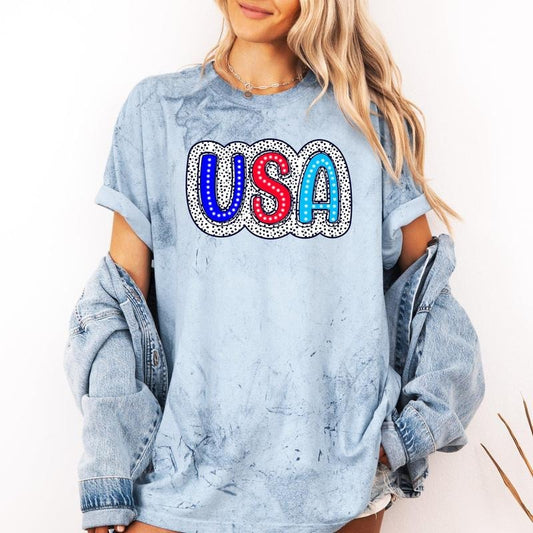 USA, Dalmatian Print, Patriotic, Red, White, Blue, America, 4th of July, Color Blast Tshirt Comfort Colors T-Shirt, Women's Comfort Colors Tee