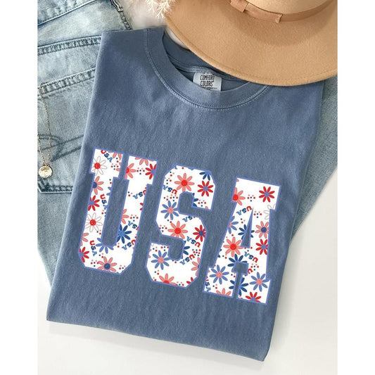 USA, Floral, Flowers, America, Patriotic, Summer, 4th of July, Independence Day Shirt, Women's Comfort Color Tee, Tshirt