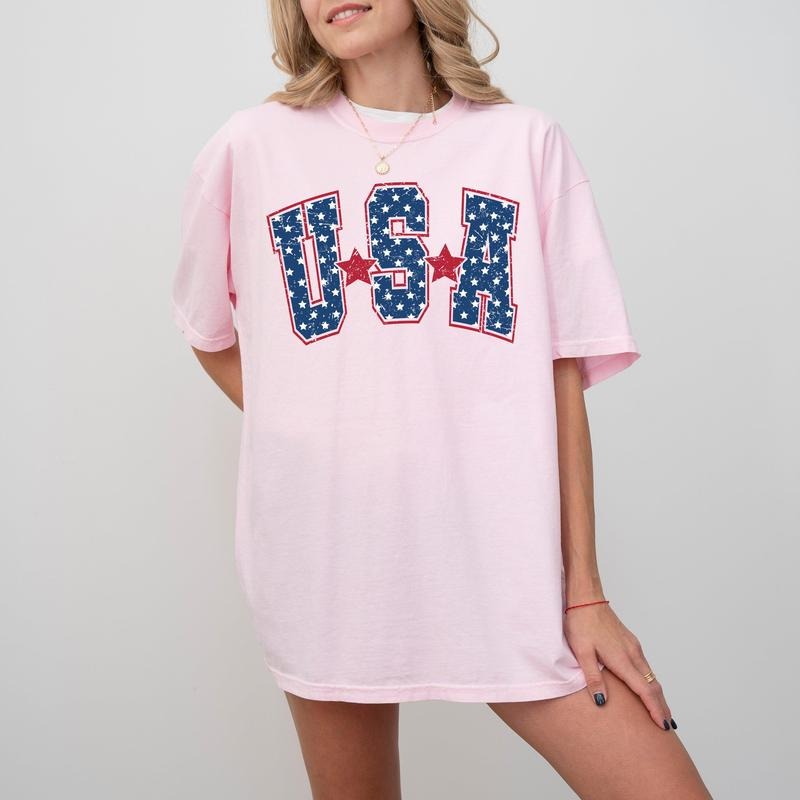 USA, Stars, Stripes, Patriotic, Retro, Varsity Style, Dark Blue, Tshirt, Women's Comfort Color Tee, Tshirt