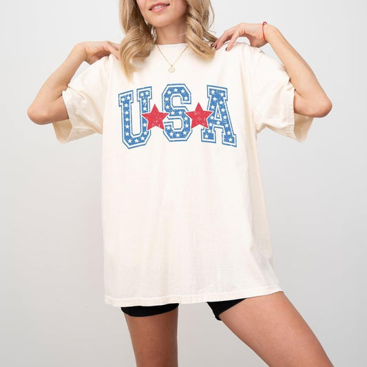 USA, Stars, Stripes, Patriotic, Retro, Varsity Style, Tshirt, Women's Comfort Color Tee, Tshirt
