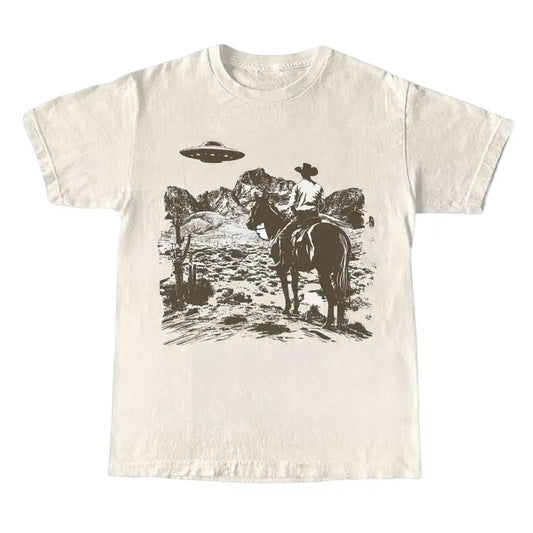Ufo Western Shirt, Retro T-Shirt, Vintage Cowboy TShirt, Rodeo T Shirt, Wild West Shirt, Western Tee, Unisex, Full Sizes, Full Colors, Cotton Round Neck Tee, Unisex T-shirt for Men and Women Menswear Top