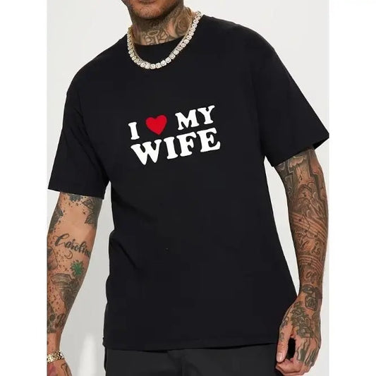 Unique "I LOVE WIFE" Alphabet Print Crew Neck Short Sleeve Cotton T-Shirt - Soft, Breathable, Casual Summer Tee for Daily Wear, Vacation Resorts, and Romantic Getaways - Men's Relaxed Fit, Lightweight, Quick-Drying, and Comfortable Made in USA