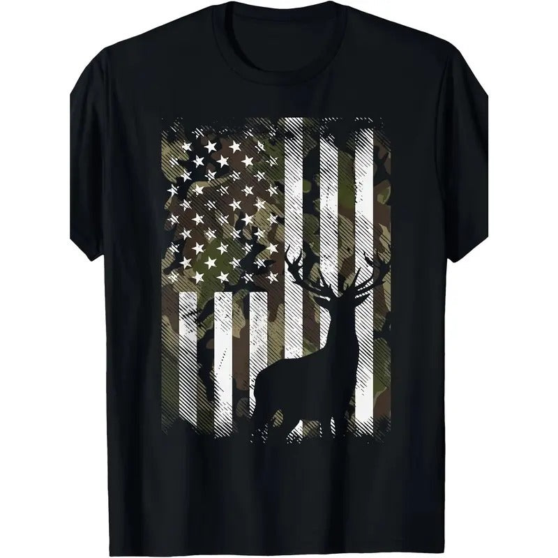 Unique Camouflage American Flag Deer Elk Stag Short Sleeve T-Shirt for Hunting Hunter Dad Gift  made in usa
