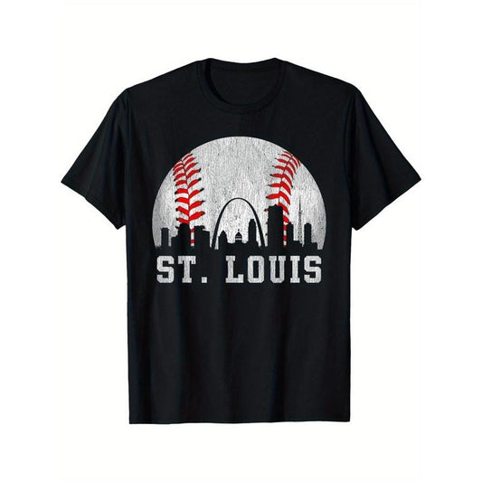 Unique Vintage St. Louis Skyline Graphic Tee for Baseball Lovers - Retro Black T-Shirt for Men, Perfect for Sports Fans made in usa